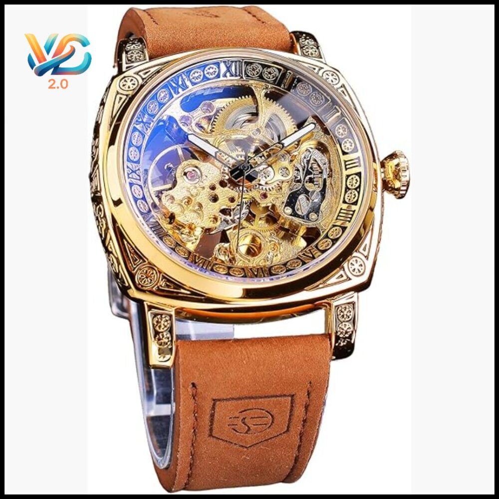 Men's Square Skeleton Automatic Watch, Genuine Le… - image 1